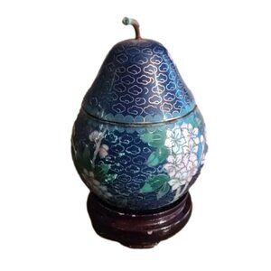 Vintage Cloisonné Pear Trinket Box with Lid, 4" Tall x 2.5" Wide